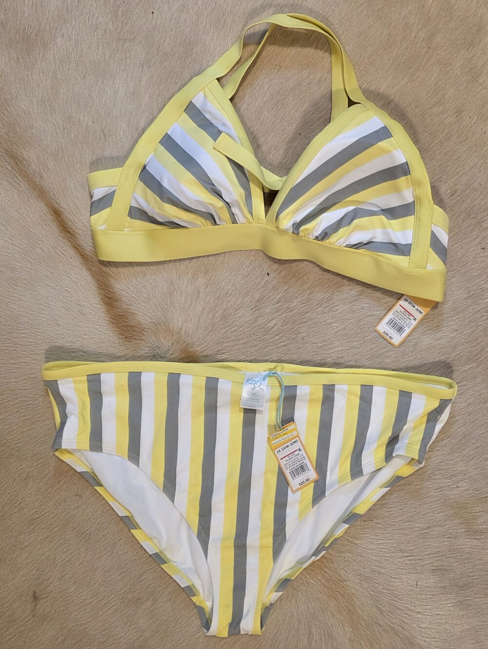 NWT KONA SOL Striped Yellow Gray White Bikini Set